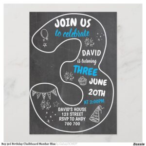 Boy 3rd Birthday Chalkboard Number Blue Invitation