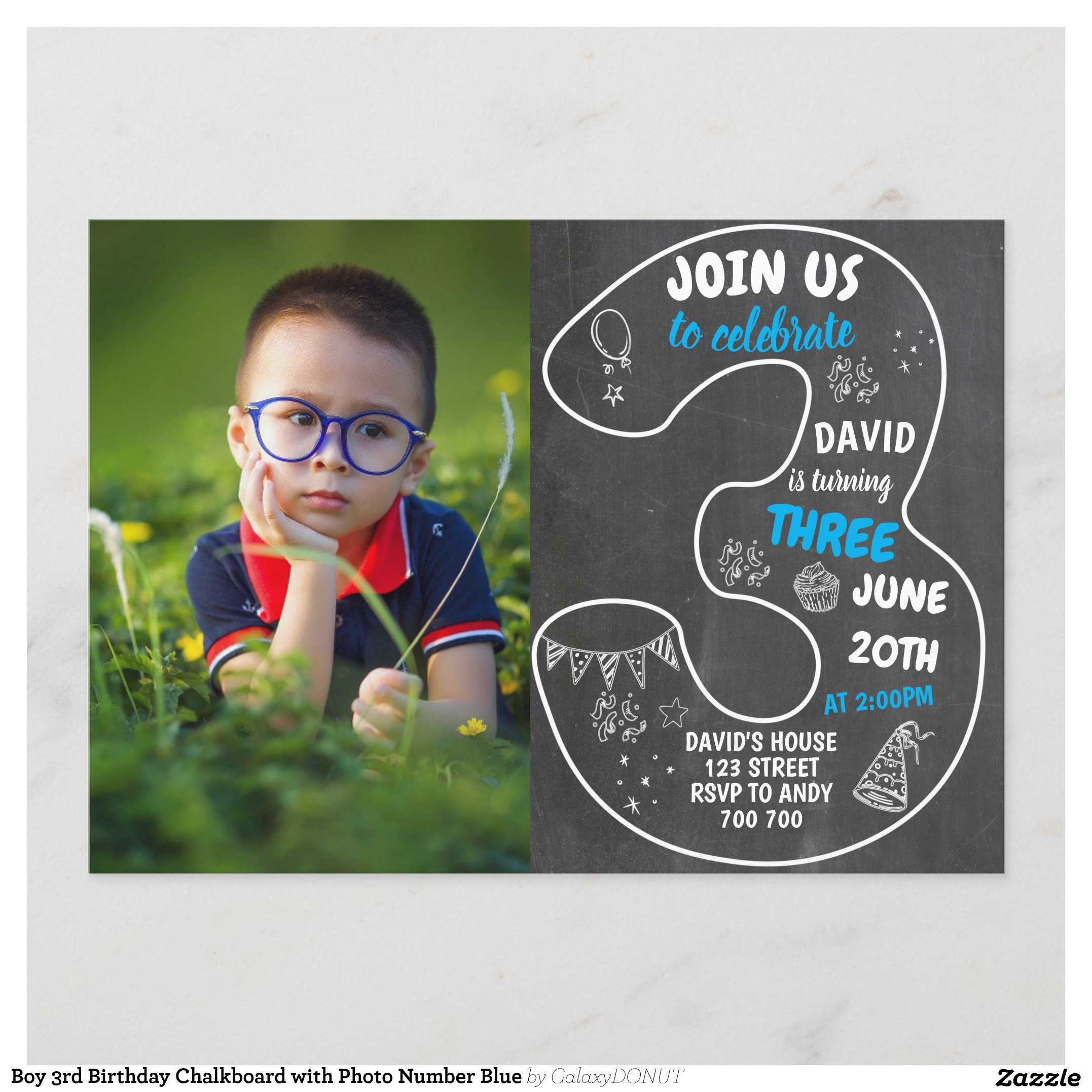 Boy 3rd Birthday Chalkboard with Photo Number Blue Invitation