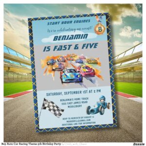 Boy Auto Car Racing Theme 5th Birthday Party Invitation