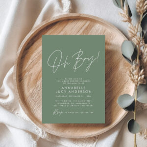 Boy baby shower script modern sage green elegant invitation