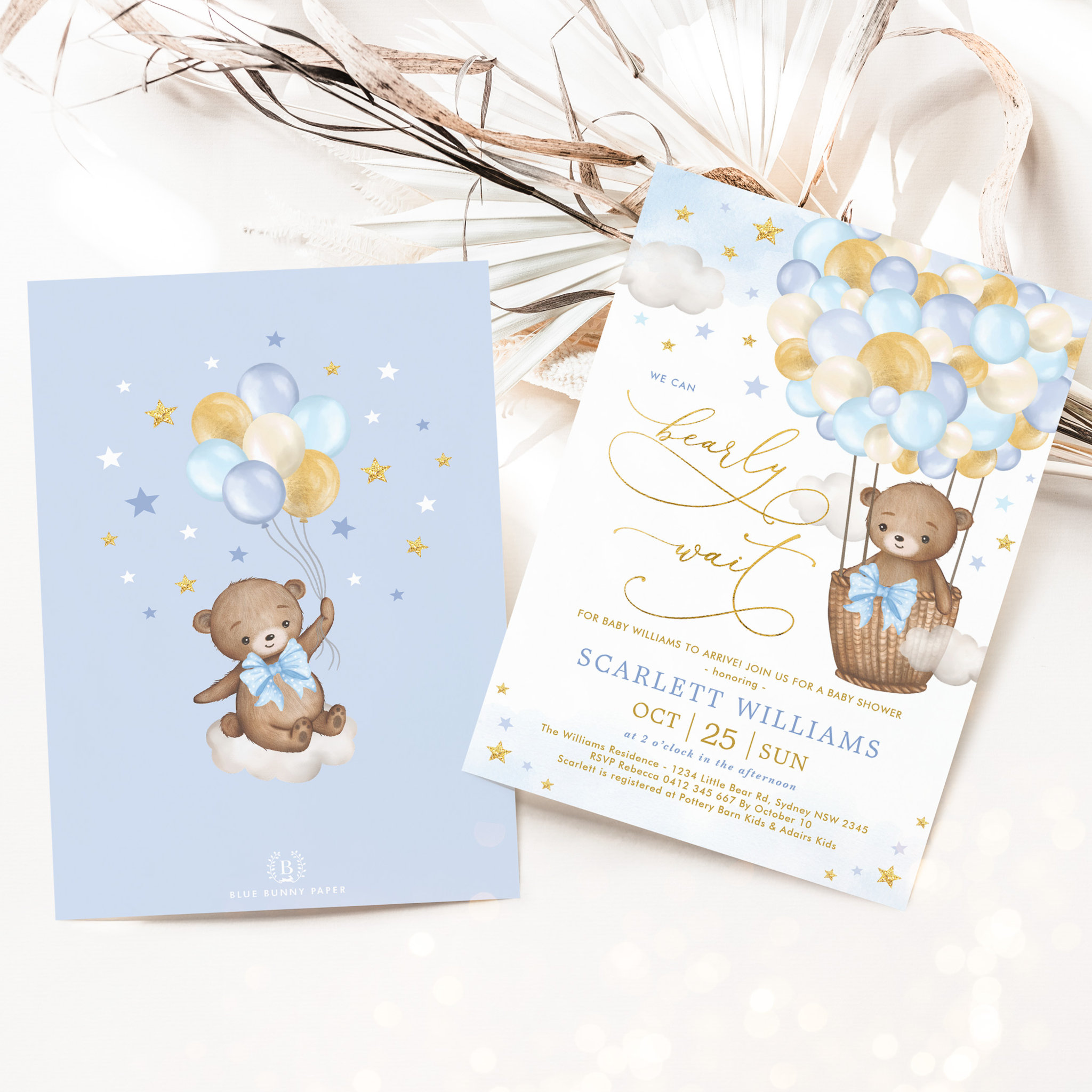 Boy Bear Hot Air Balloon Blue Gold Sky Baby Shower Invitation