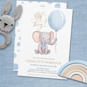 Boy Blue Balloon Cute Elephant Baby Shower Invitat Invitation