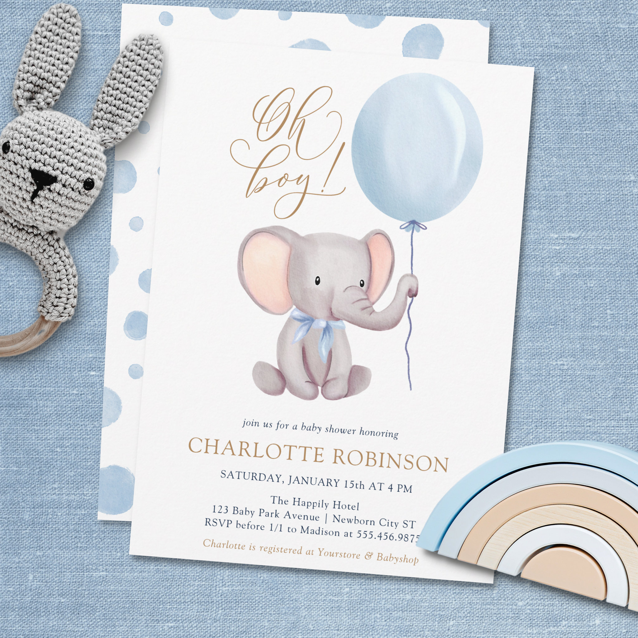 Boy Blue Balloon Cute Elephant Baby Shower Invitat Invitation
