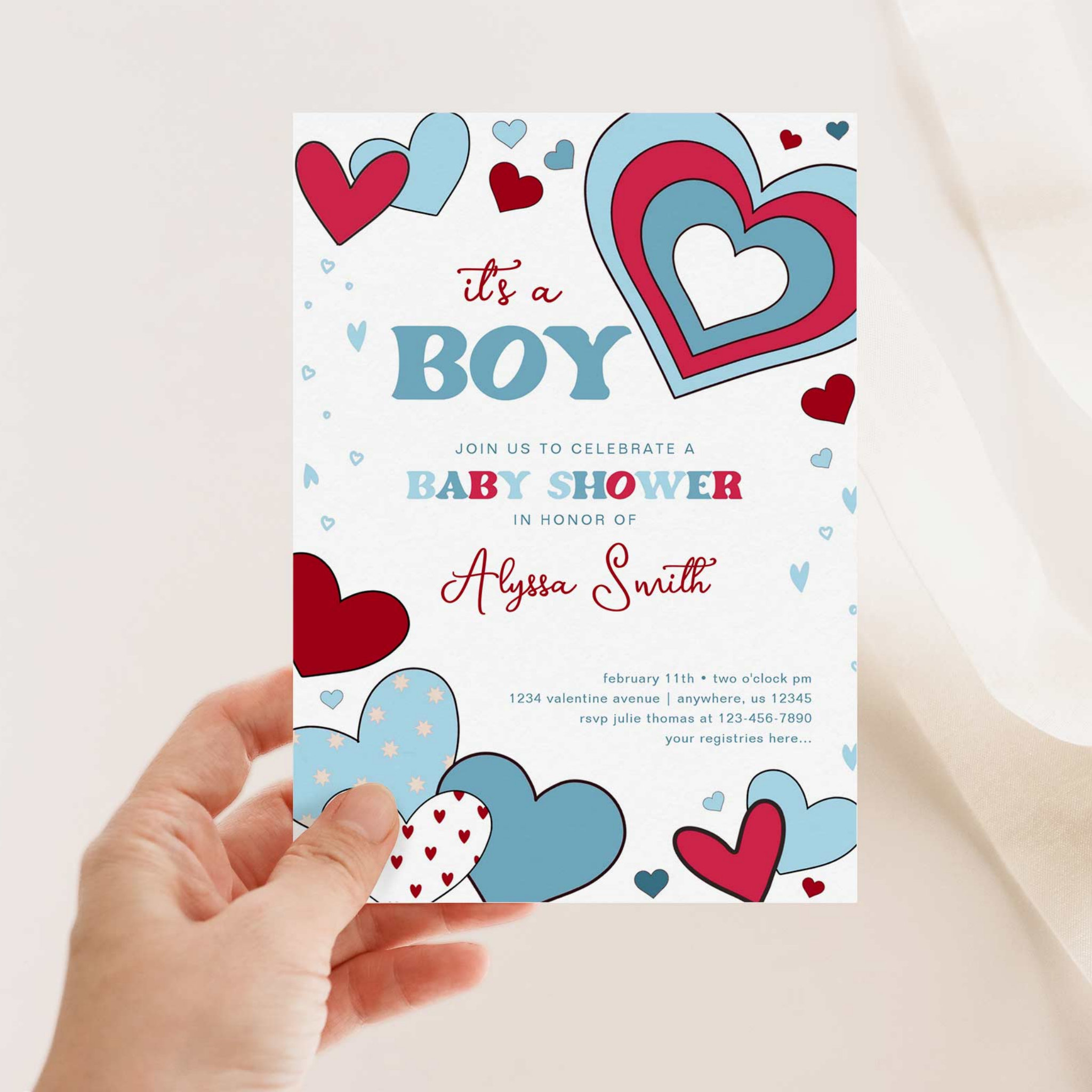 Boy Blue Valentine's Day Hearts Baby Shower Invitation