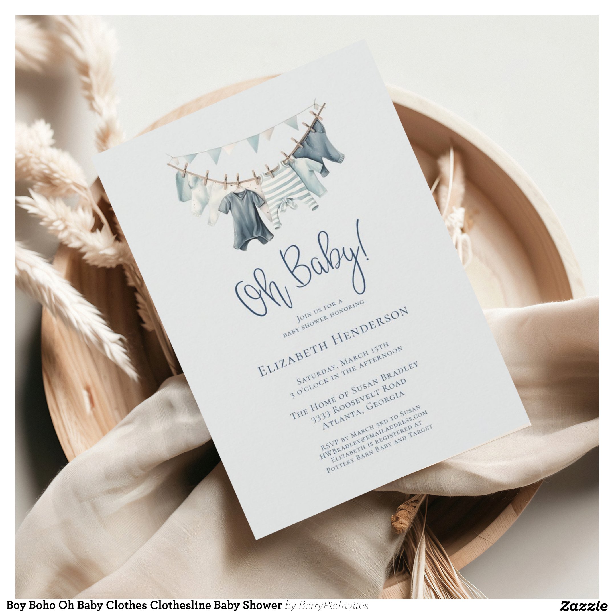 Boy Boho Oh Baby Clothes Clothesline Baby Shower Invitation