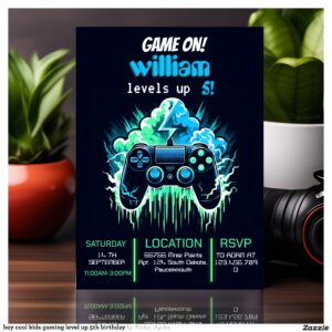 boy cool kids gaming level up 5th birthday invitation