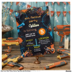 Boy Cool Nerf Wars Party Top Gun 5th Birthday Invitation