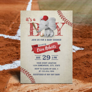 Boy Cute Elephant Baseball Baby Shower Invitation