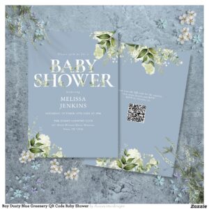 Boy Dusty Blue Greenery QR Code Baby Shower Invitation