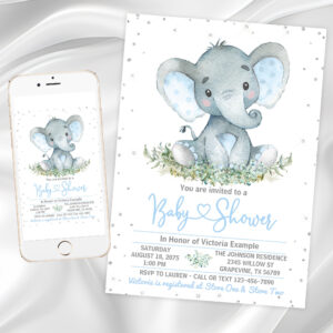 Boy Elephant Glitter Baby Shower Invitation