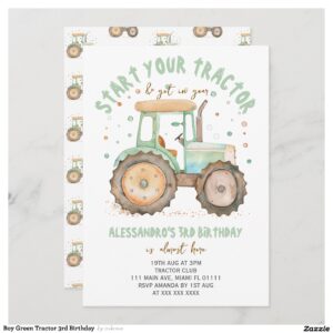 Boy Green Tractor 3rd Birthday Invitation