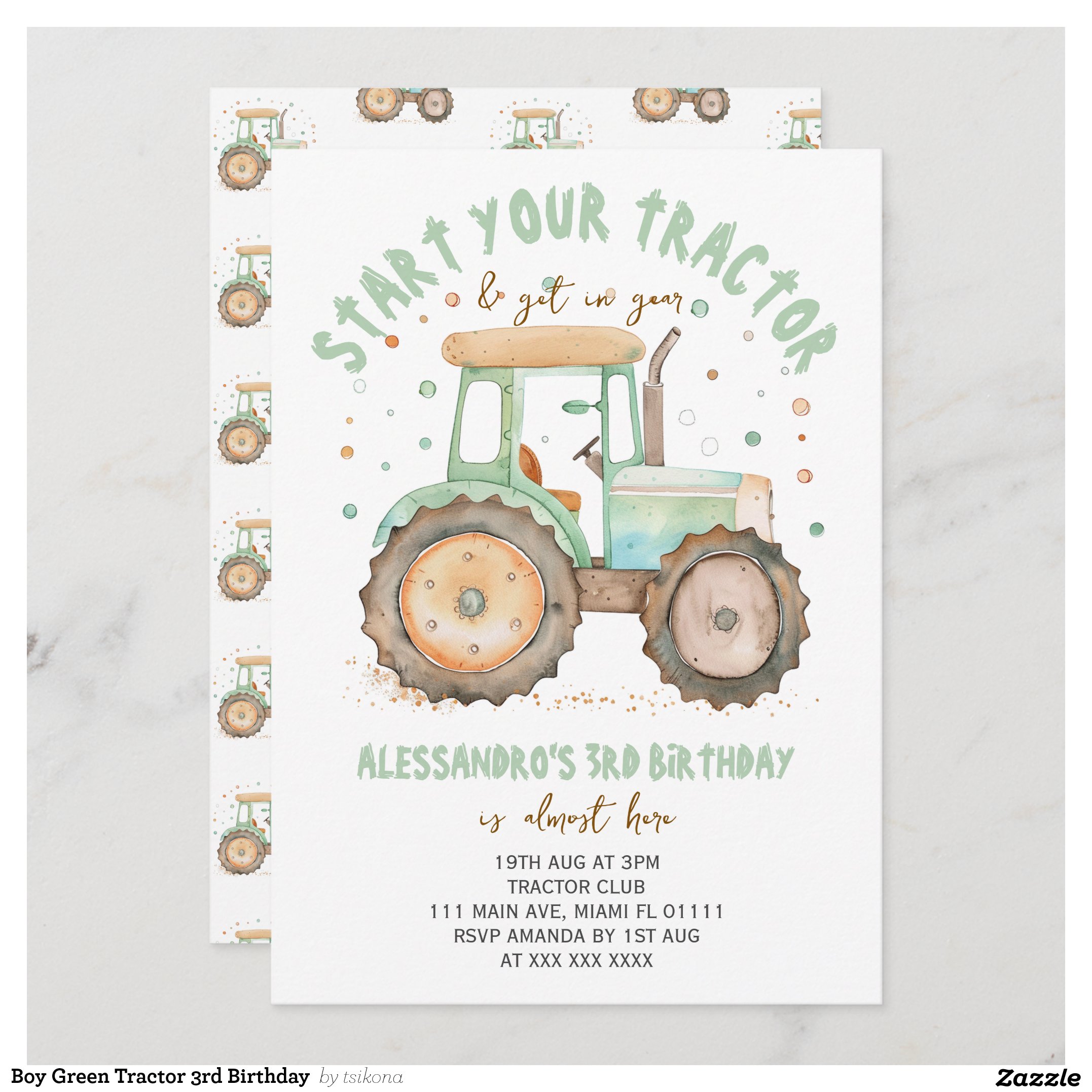 Boy Green Tractor 3rd Birthday Invitation