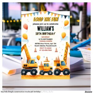 boy kids Simple construction trucks 5th birthday Invitation