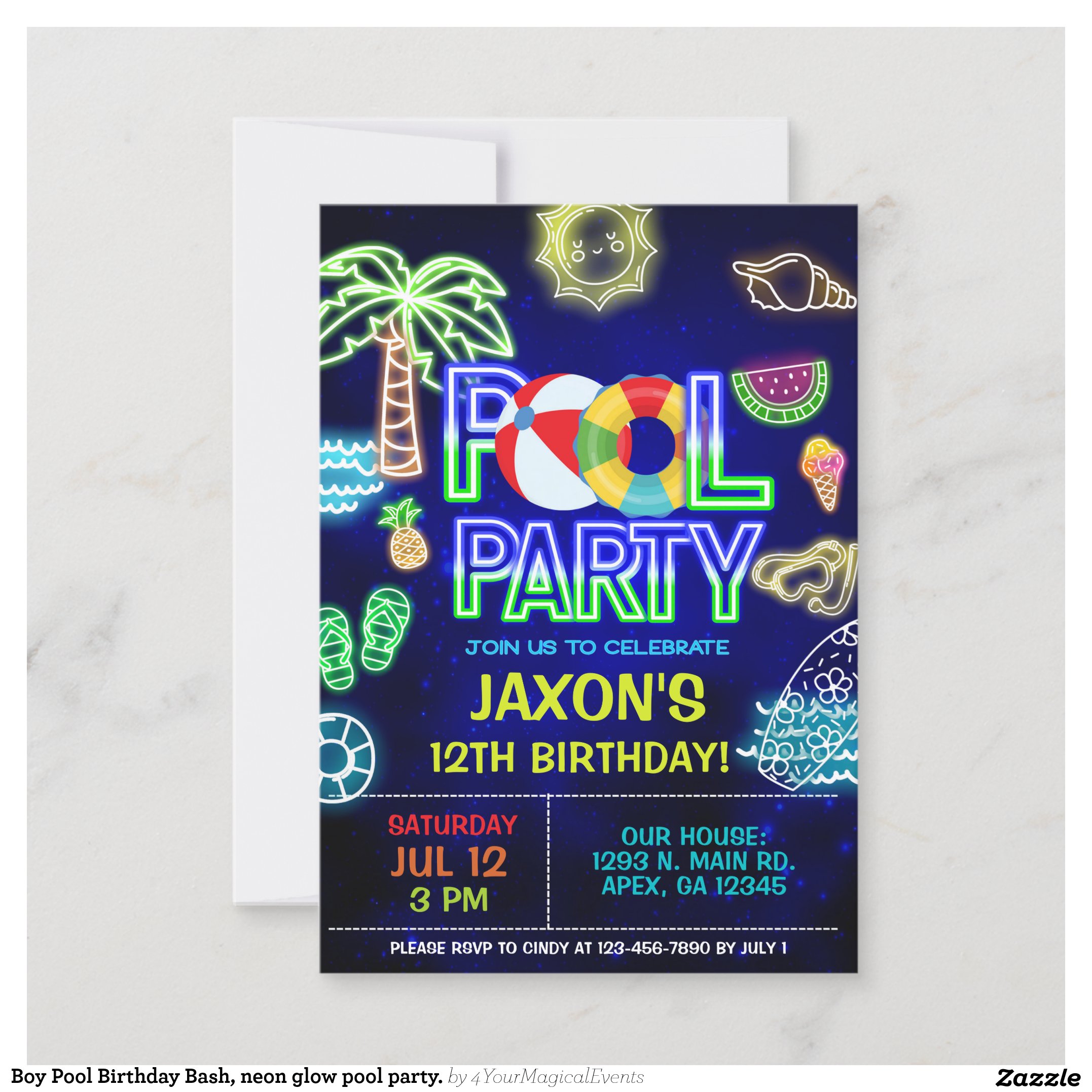 Boy Pool Birthday Bash, neon glow pool party. Invitation