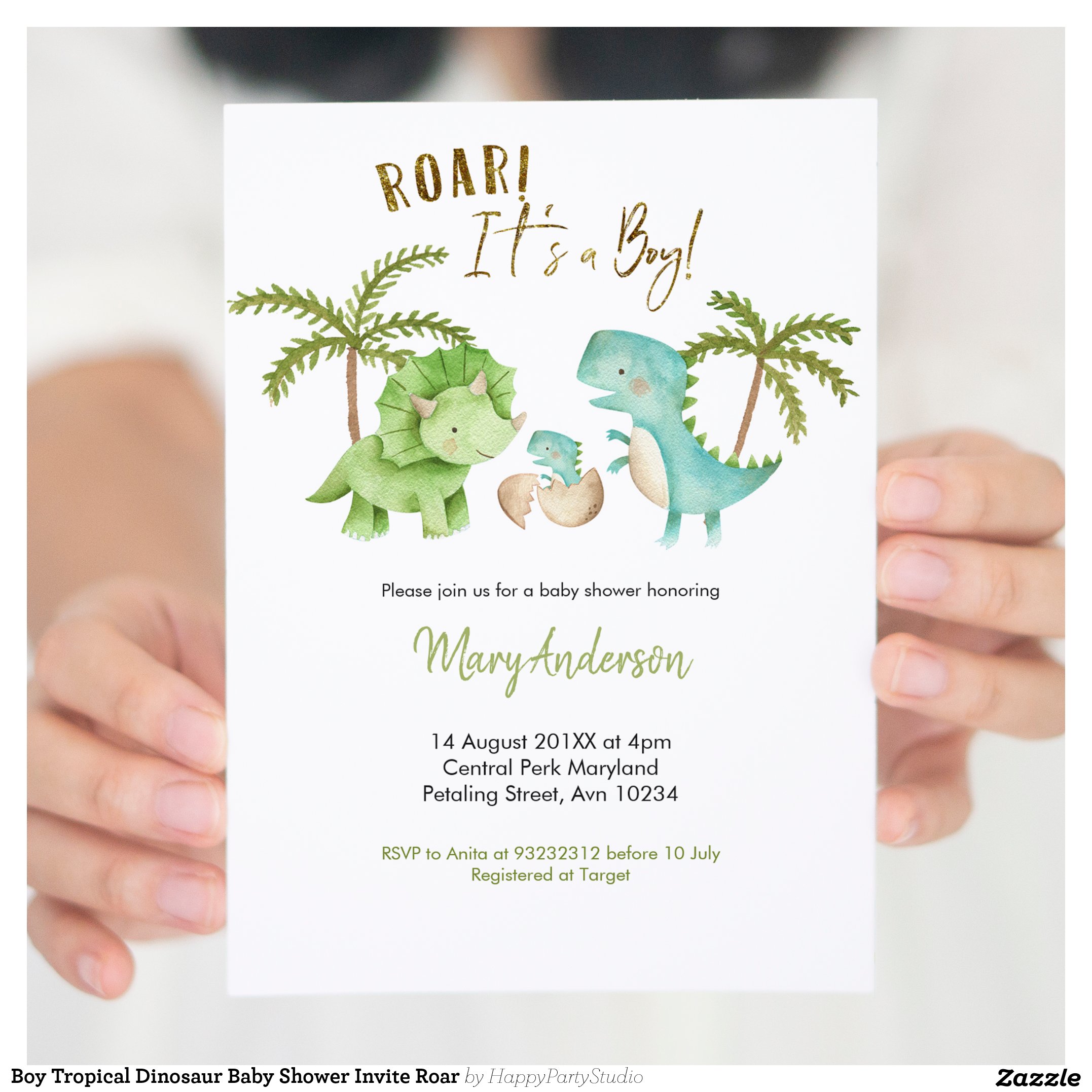Boy Tropical Dinosaur Baby Shower Invite Roar