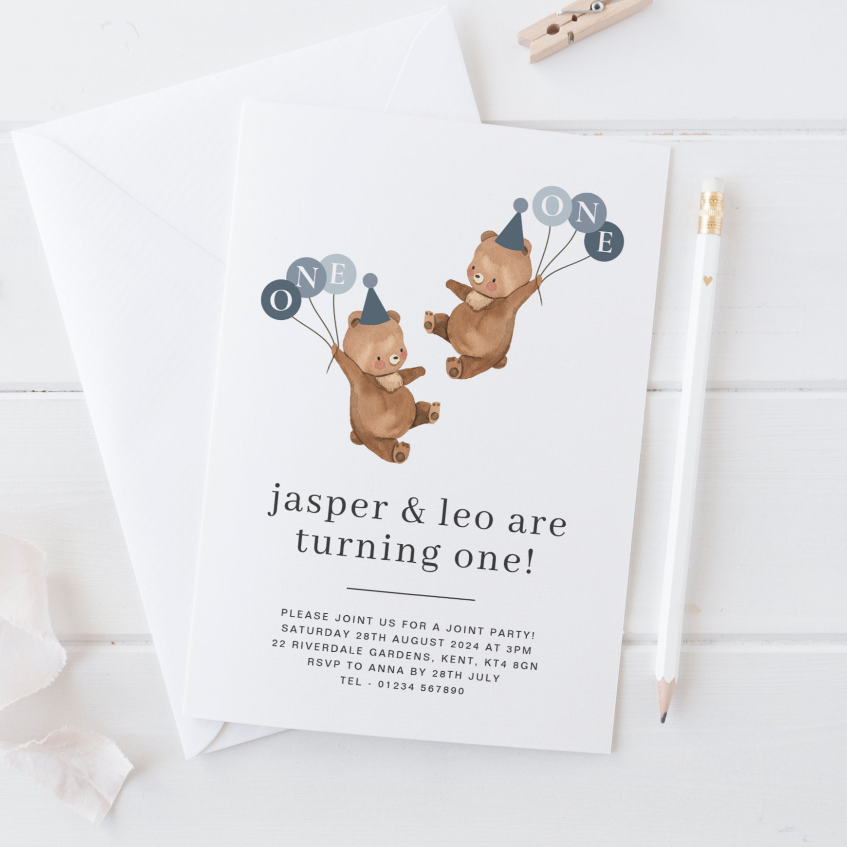 Boy Twins - Bears Party Hats - Joint 1st Birthday Invitation