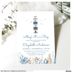 Boy Watercolor Lighthouse Baby Shower Invitation