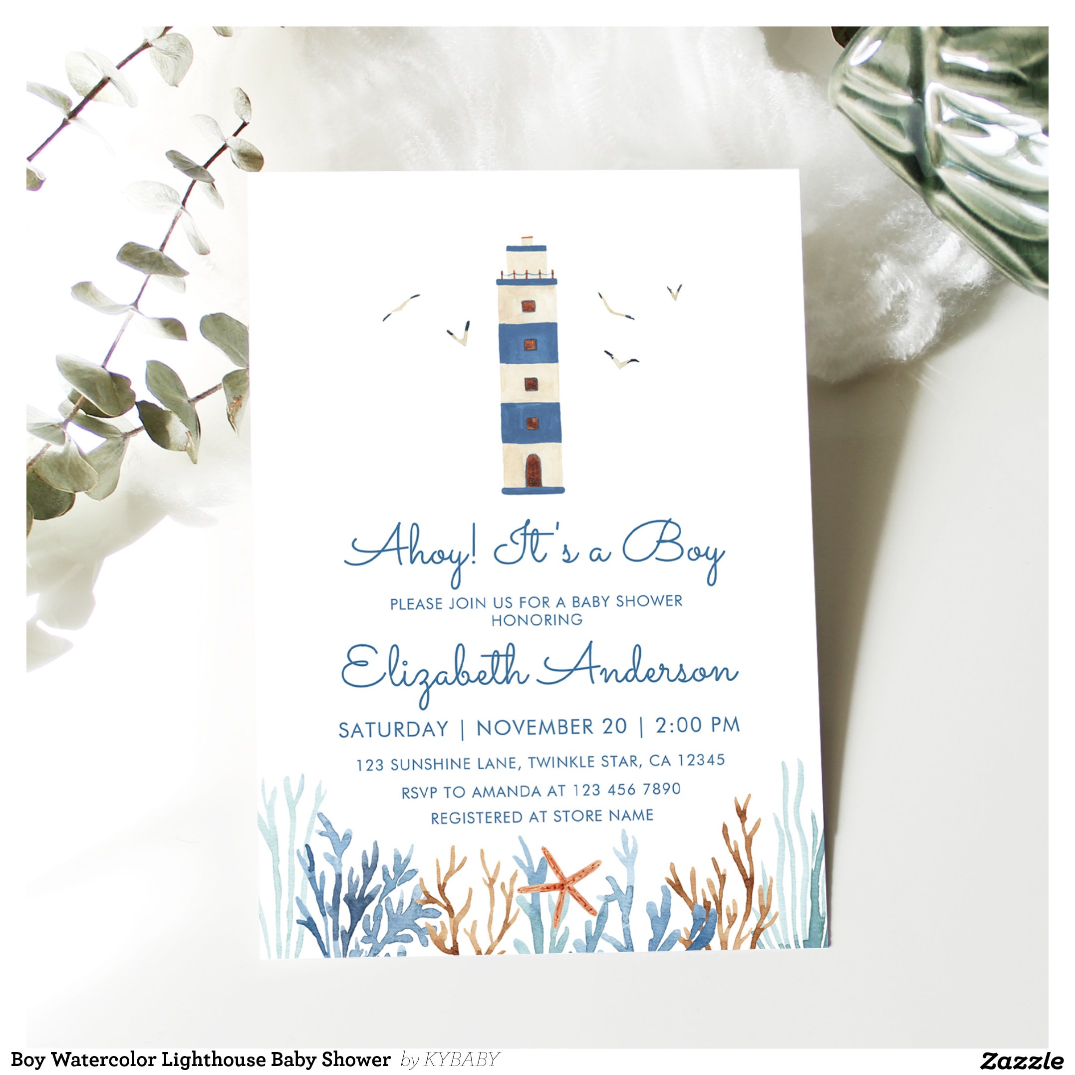 Boy Watercolor Lighthouse Baby Shower Invitation