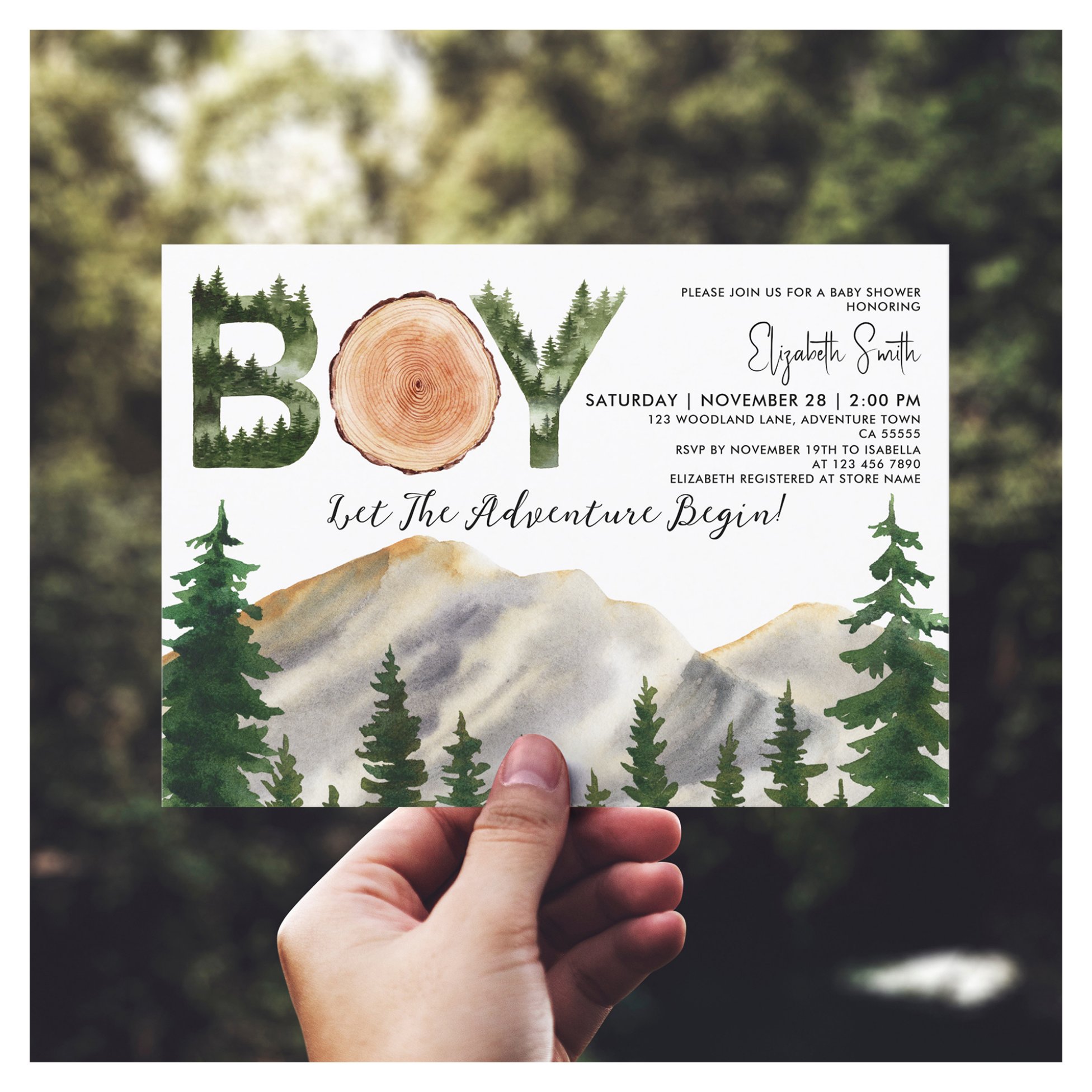Boy Watercolor Mountains Baby Shower Invitation