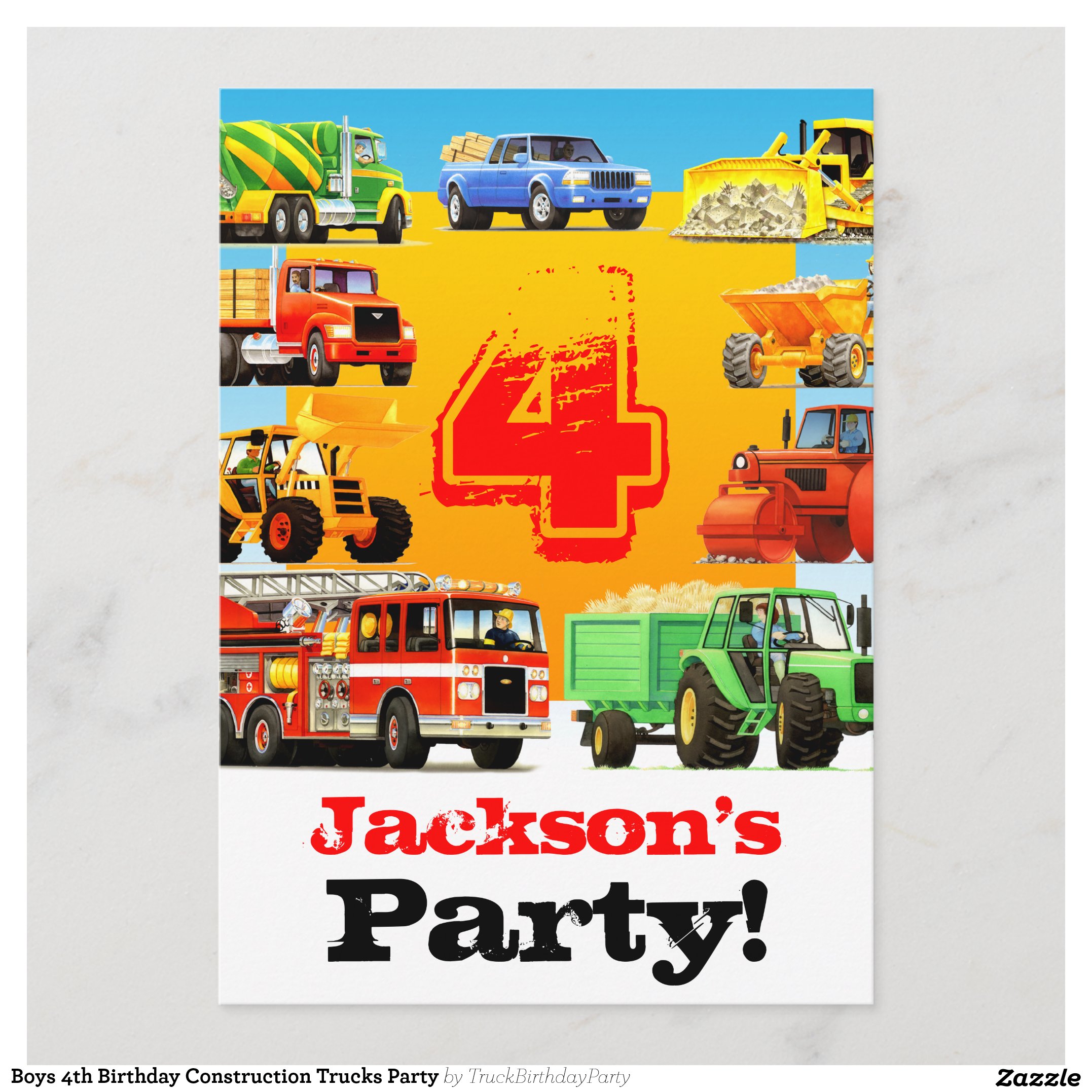 Boys 4th Birthday Construction Trucks Party Invitation