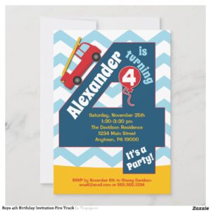 Boys 4th Birthday Invitation Fire Truck