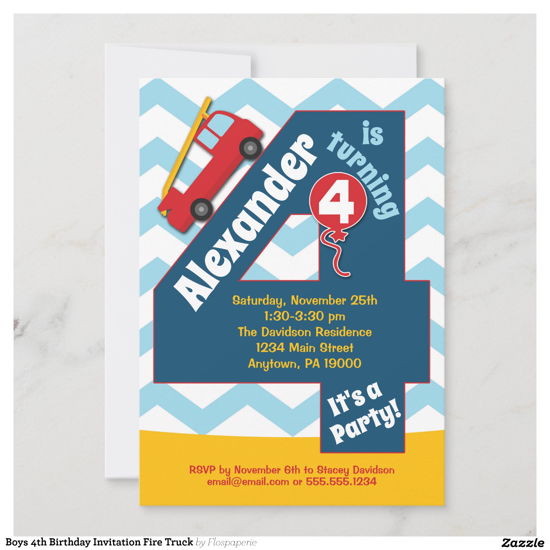 Boys 4th Birthday Invitation Fire Truck