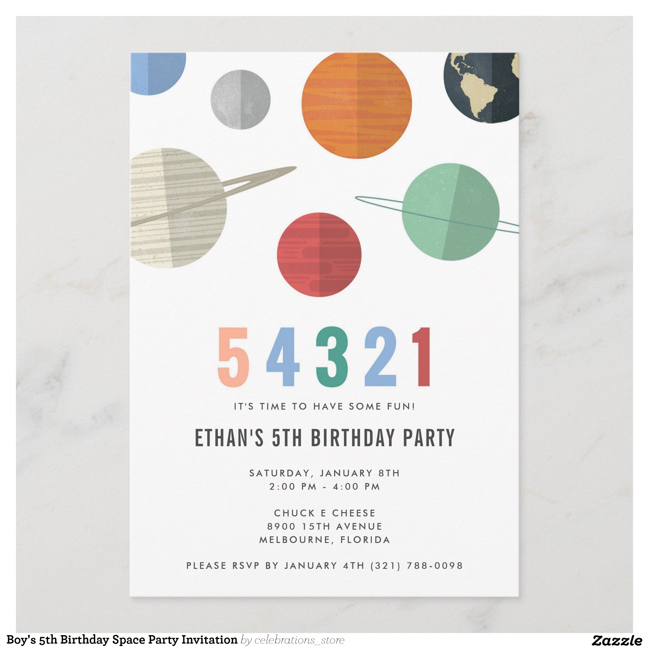 Boy's 5th Birthday Space Party Invitation