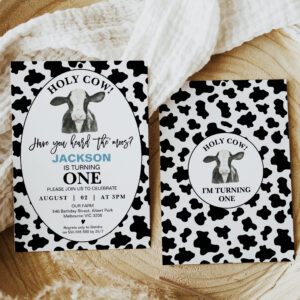 Boys Black White Cow Print Holy Cow 1st Birthday Invitation