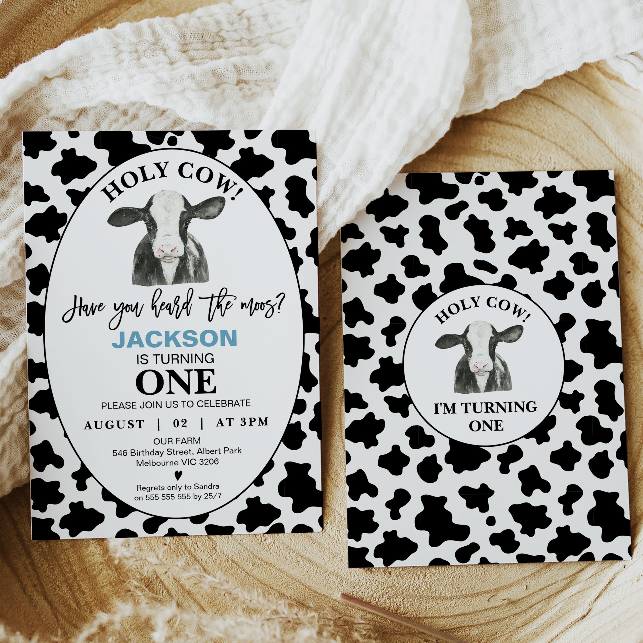 Boys Black White Cow Print Holy Cow 1st Birthday Invitation