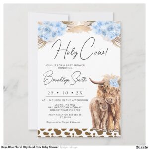 Boys Blue Floral Highland Cow Baby Shower Invitation