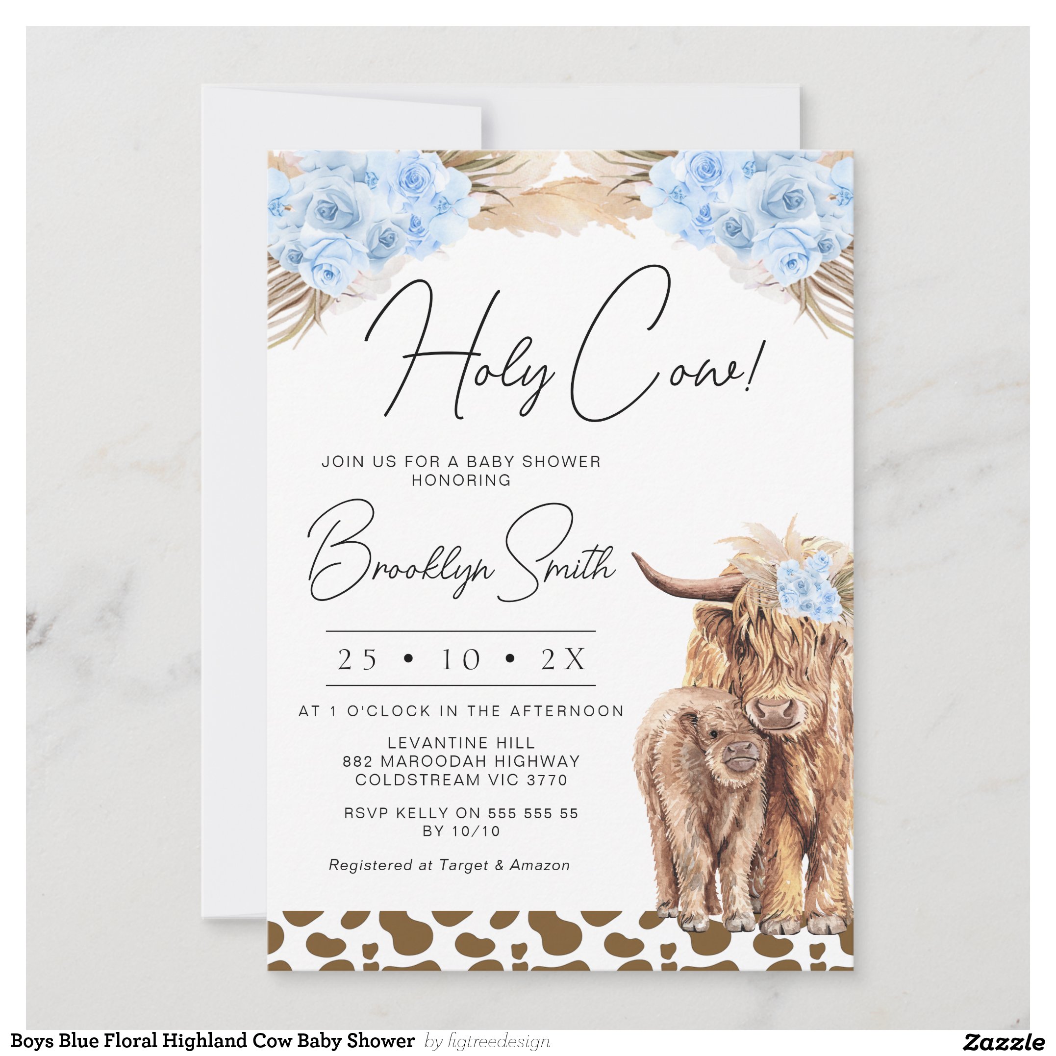 Boys Blue Floral Highland Cow Baby Shower Invitation