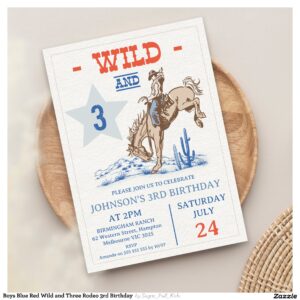 Boys Blue Red Wild and Three Rodeo 3rd Birthday Invitation