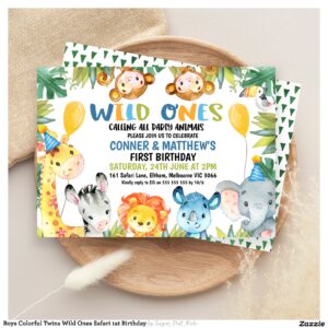 Boys Colorful Twins Wild Ones Safari 1st Birthday Invitation