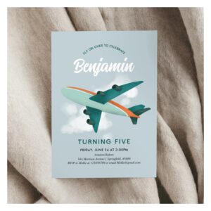 Boys Cool Blue Airplane Travel 5th Birthday Invitation