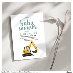 Boys Cute Blue Construction Digger Baby Shower Invitation