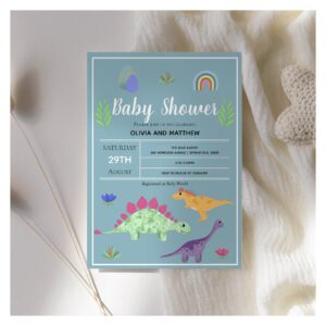 Boys Cute Blue Jungle T-Rex Dinosaur Baby Shower Invitation