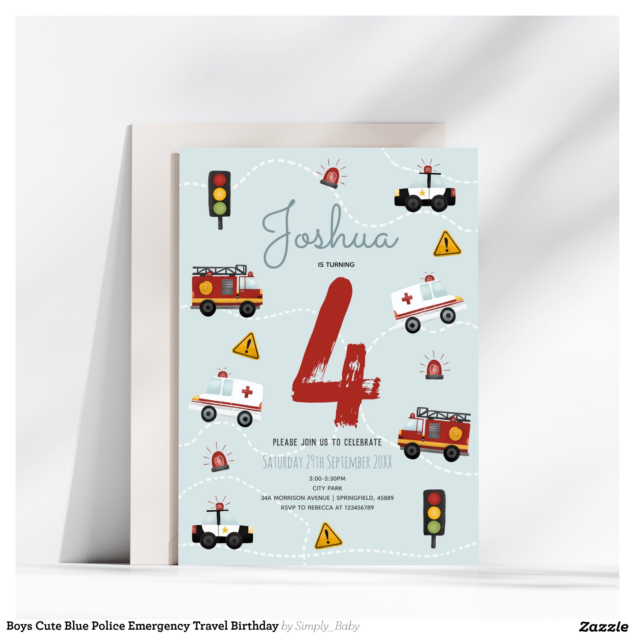 Boys Cute Blue Police Emergency Travel Birthday Invitation