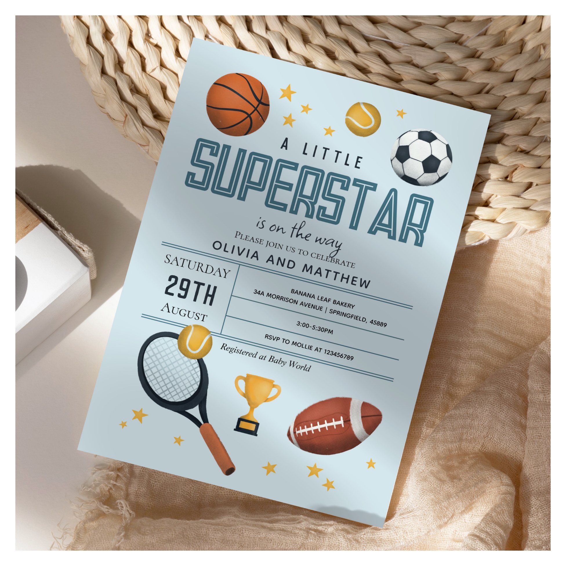 Boys Cute Blue Sports Superstar Baby Shower Invitation
