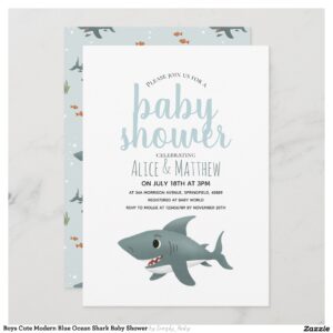 Boys Cute Modern Blue Ocean Shark Baby Shower Invitation