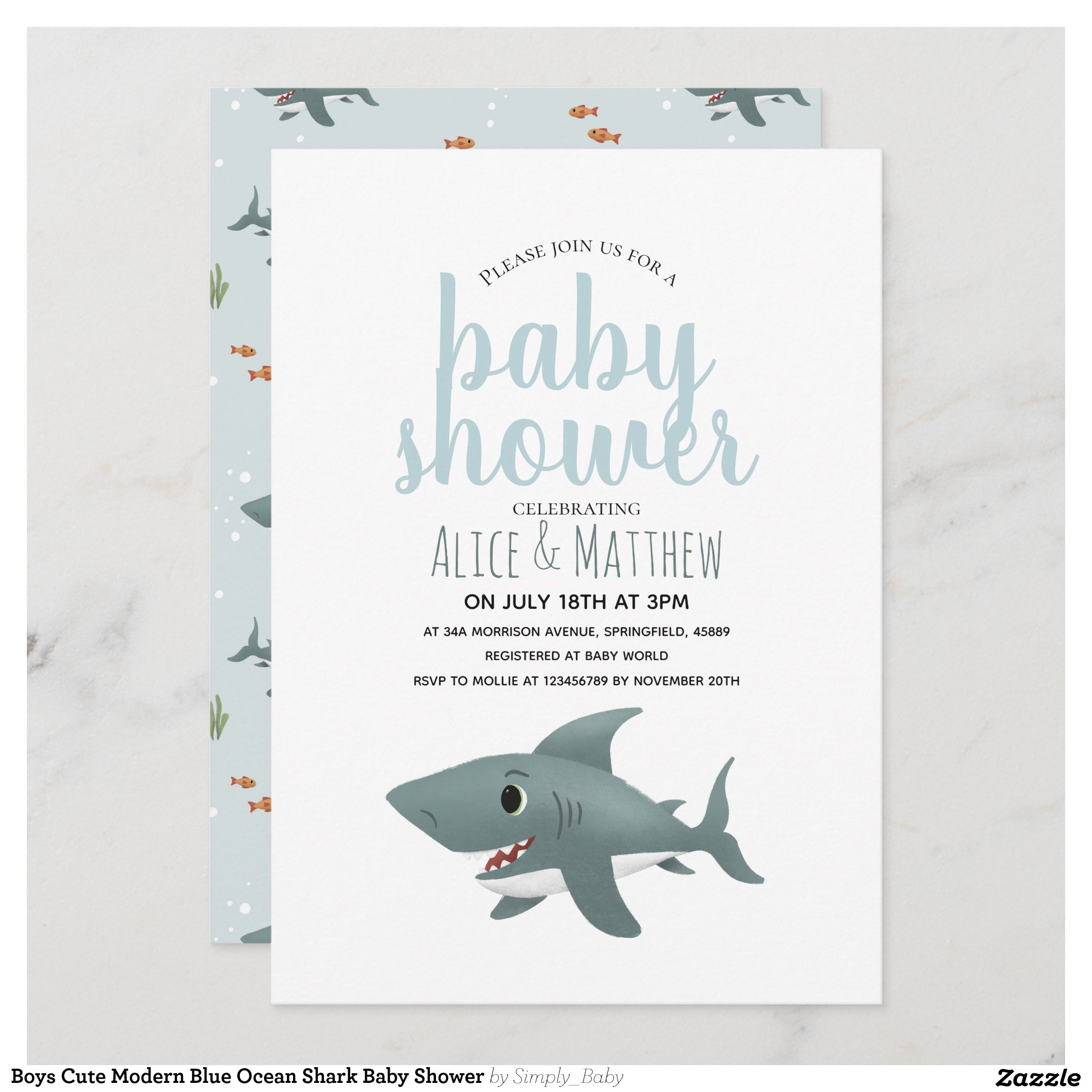 Boys Cute Modern Blue Ocean Shark Baby Shower Invitation