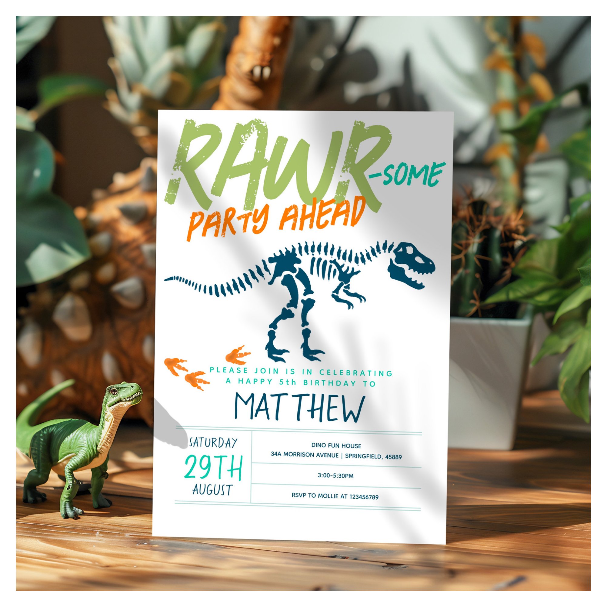Boys Cute Modern Dinosaur Fossil Kids 5th Birthday Invitation