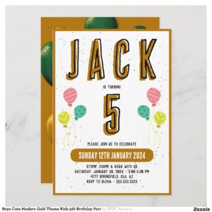 Boys Cute Modern Gold Theme Kids 5th Birthday Part Invitation