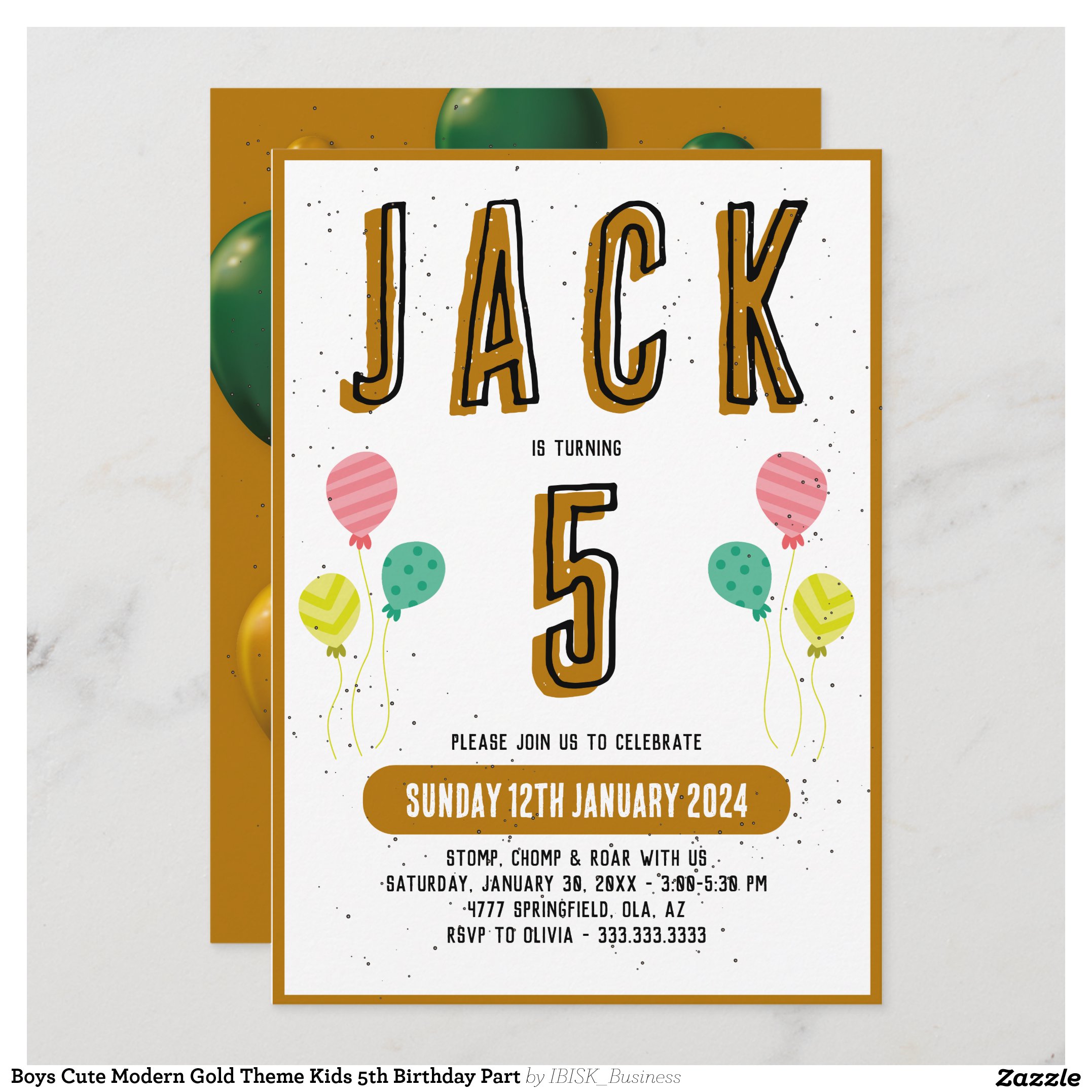 Boys Cute Modern Gold Theme Kids 5th Birthday Part Invitation