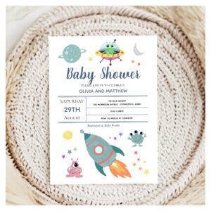 Boys Cute Modern Space Alien Rocket Baby Shower Invitation