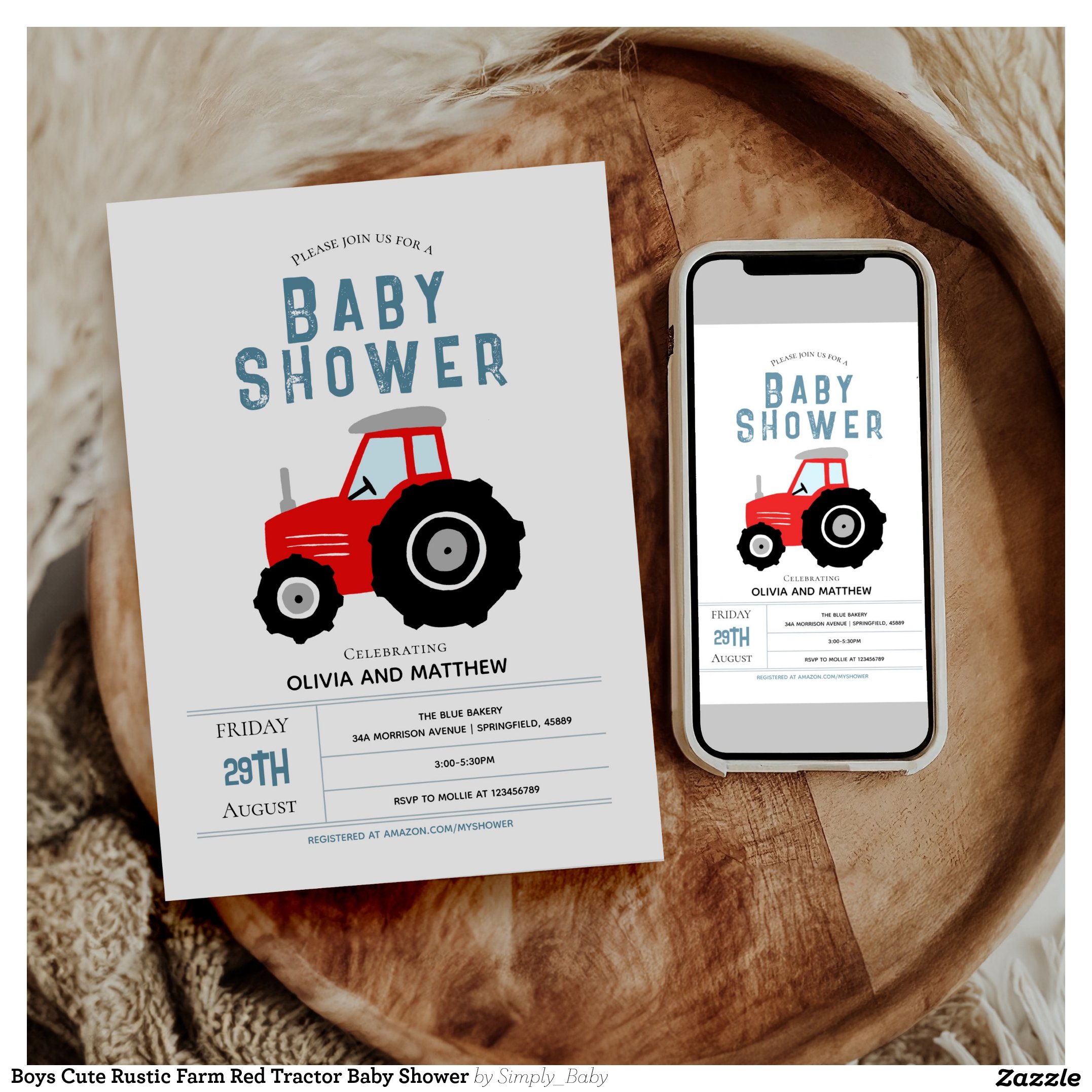 Boys Cute Rustic Farm Red Tractor Baby Shower Invitation