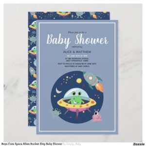 Boys Cute Space Alien Rocket Ship Baby Shower Invitation