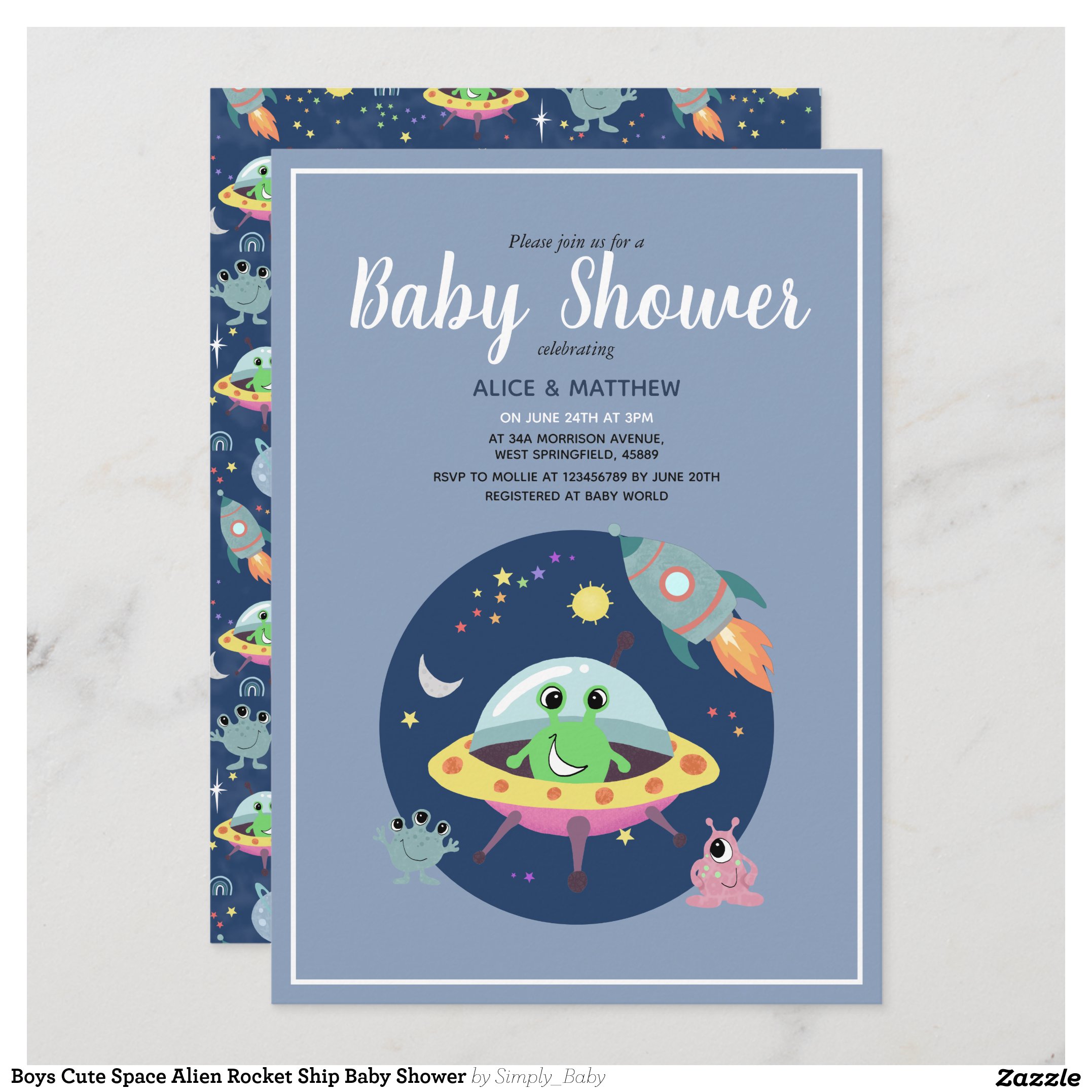 Boys Cute Space Alien Rocket Ship Baby Shower Invitation