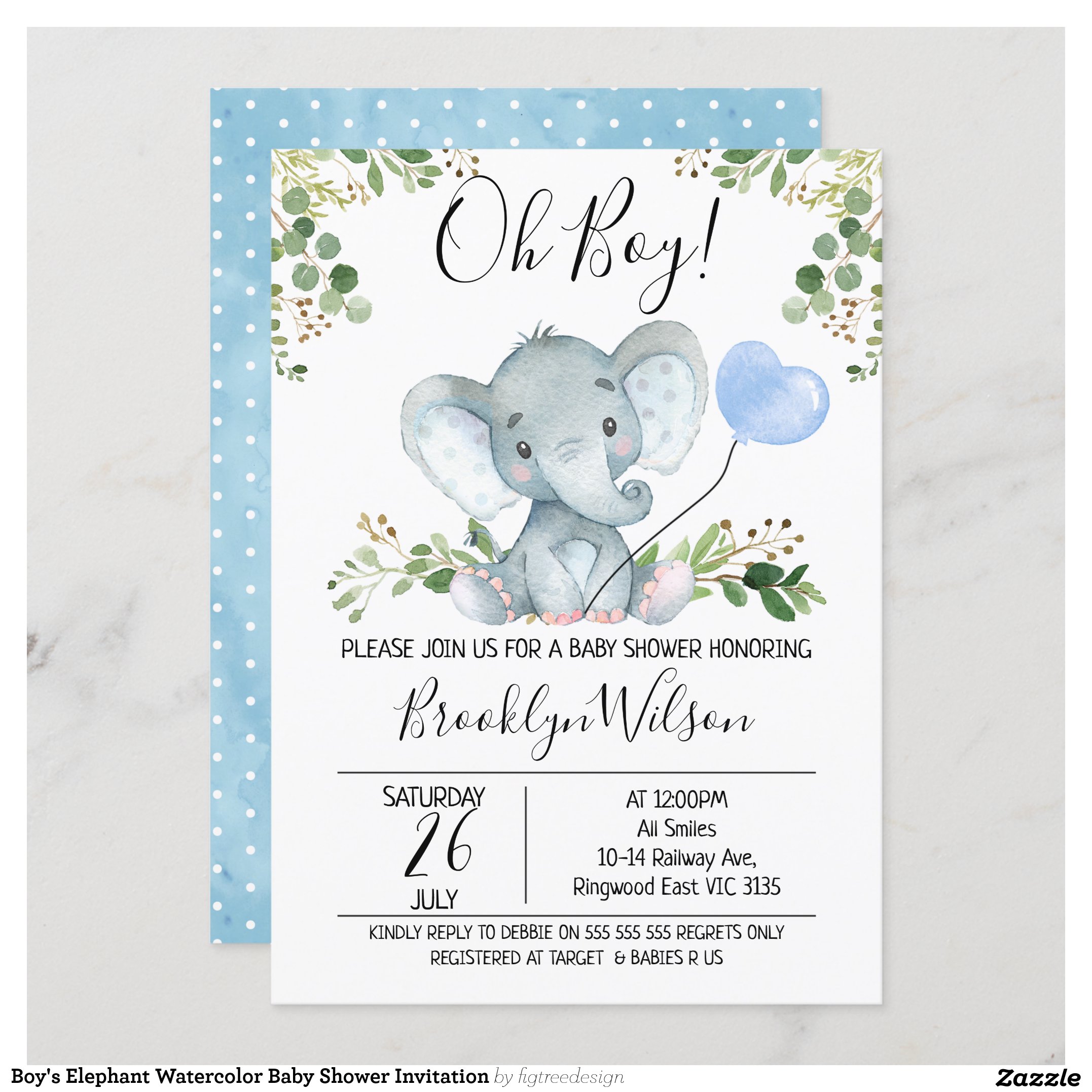 Boy's Elephant Watercolor Baby Shower Invitation