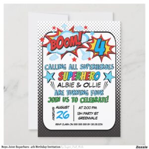 Boys Joint Superhero 4th Birthday Invitation