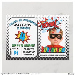 Boys Photo Superhero 4th Birthday Invitation